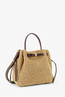 Tory Burch women’s Romy white bucket bag beige woven straw with brown leather handles strap and matching bow top