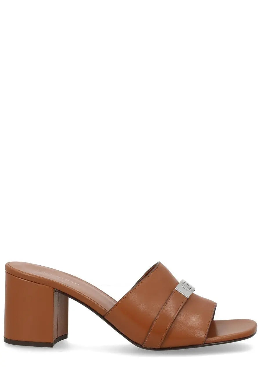 Tory Burch women’s tan leather mule sandal with block heel and silver-toned metal clasp brown Leelee model