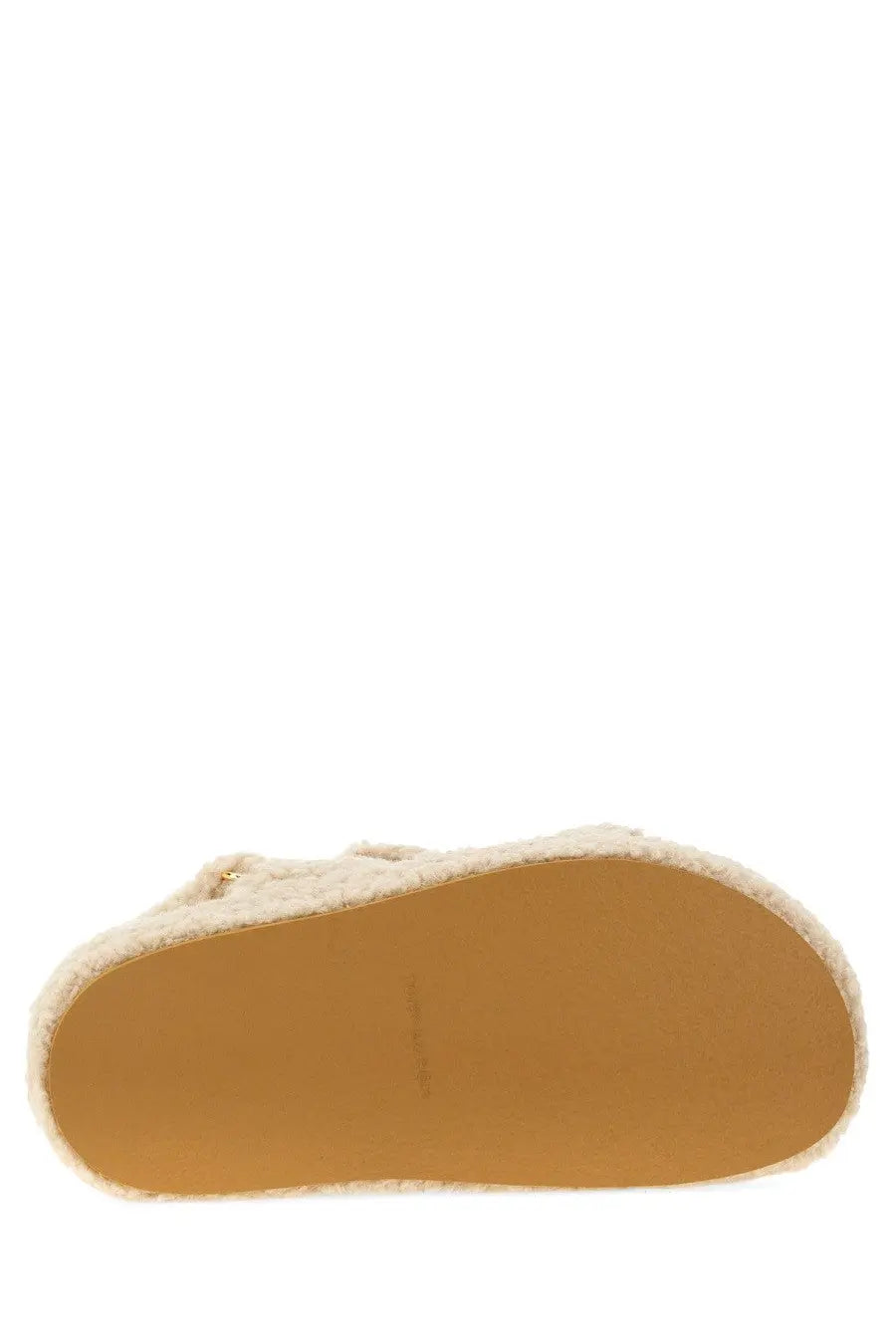 Tory Burch women’s sandalo kira beige cream-colored fuzzy slip-on shoe with tan rubber sole