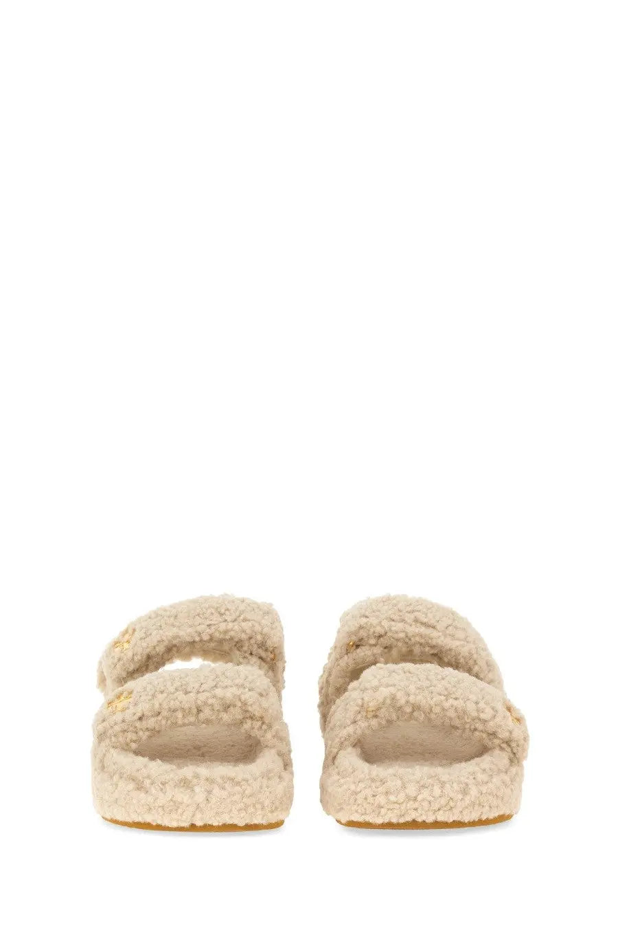 Tory Burch women’s sandalo kira beige shearling slide sandals with two wide straps and plush cream-colored texture