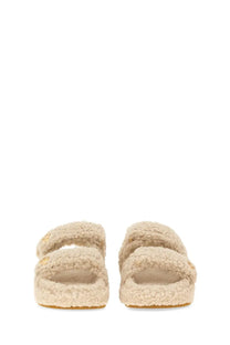 Tory Burch women’s sandalo kira beige shearling slide sandals with two wide straps and plush cream-colored texture