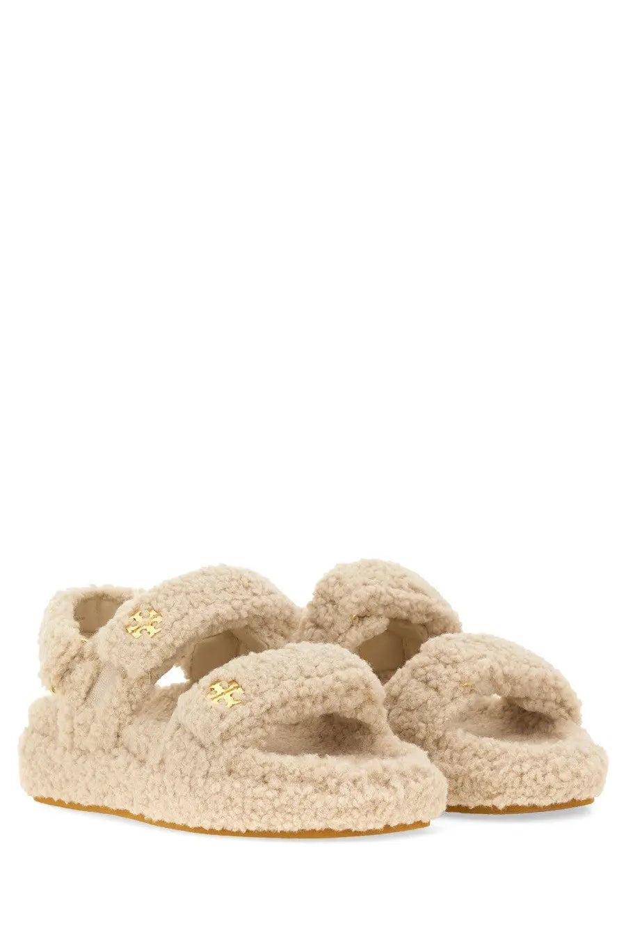 Tory burch women’s sandalo kira beige cream-colored shearling sandals with gold-tone logo accents