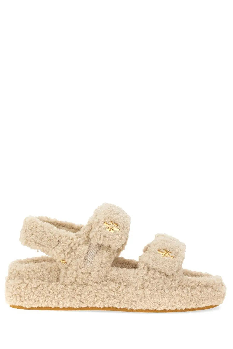 Beige shearling-embellished platform sandals with gold-tone logo hardware by tory burch women’s sandalo kira