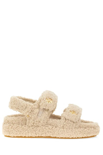 Beige shearling-embellished platform sandals with gold-tone logo hardware by tory burch women’s sandalo kira