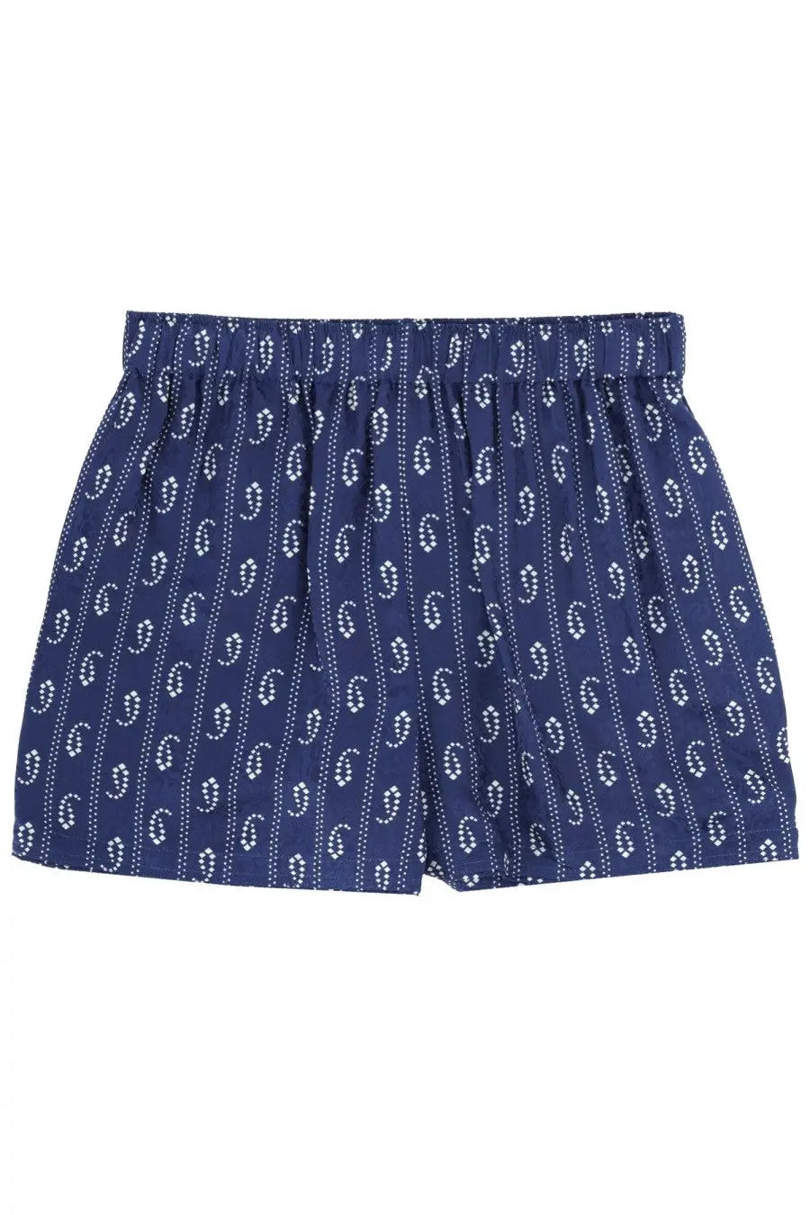 Navy blue tory burch women’s boxer shorts with white paisley and dotted stripe pattern for casual wear