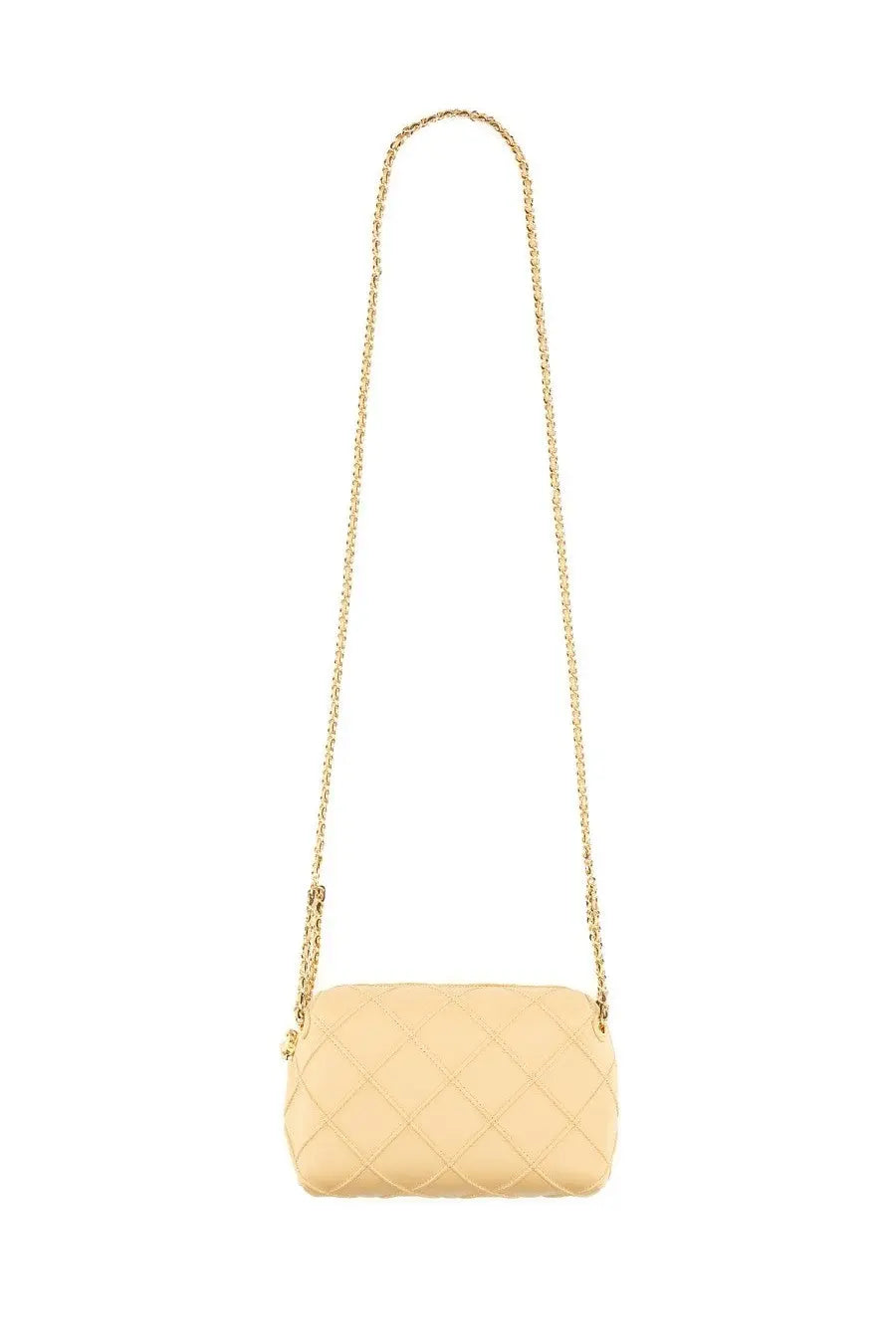 Cream-colored quilted leather crossbody bag with gold-tone chain strap tory burch women’s shoulder bag fleming beige