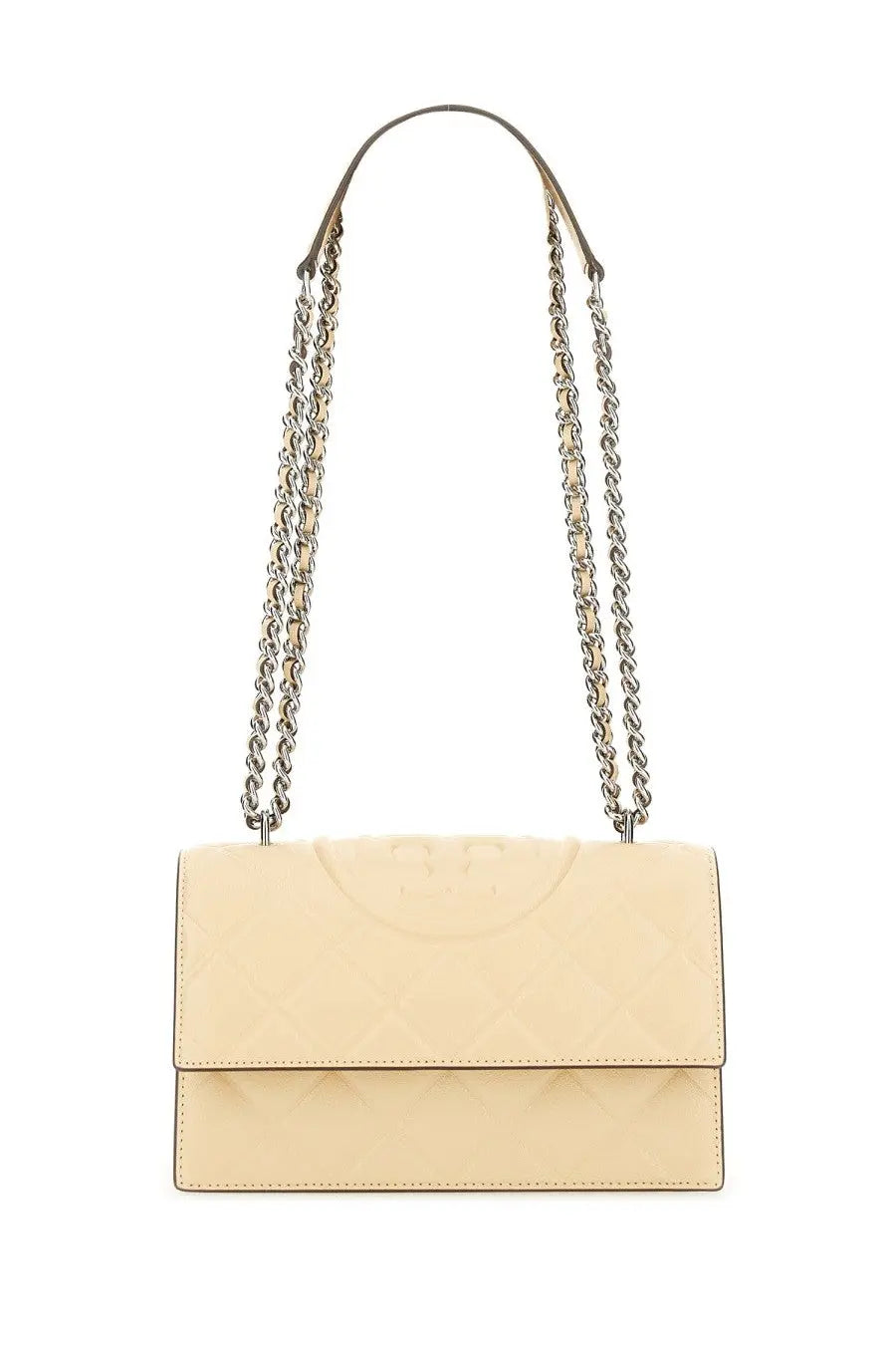 Cream-colored leather Tory Burch Fleming small crossbody bag with quilted flap and silver-toned chain strap
