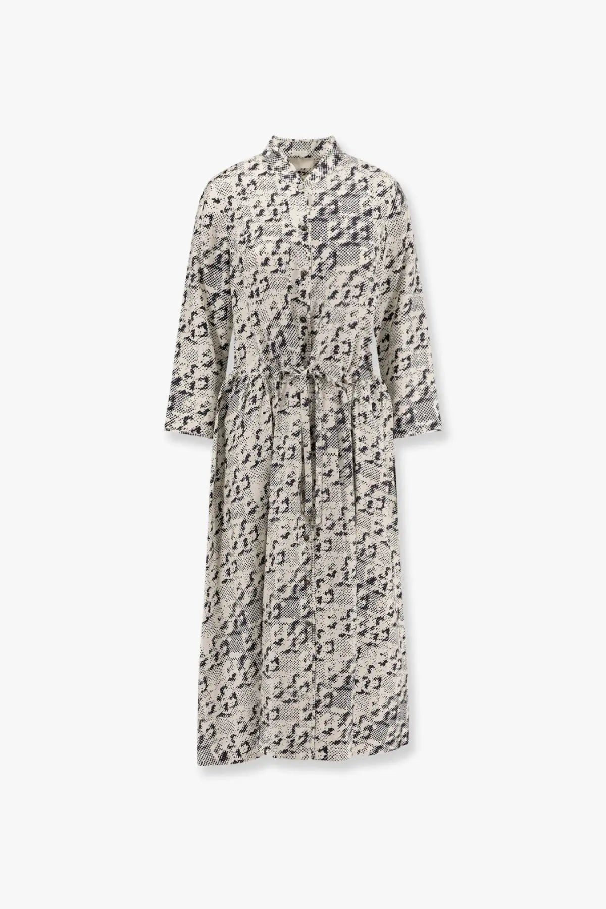 Tory Burch women’s silk long-sleeved dress in black and beige snake print with a fitted waist and matching belt