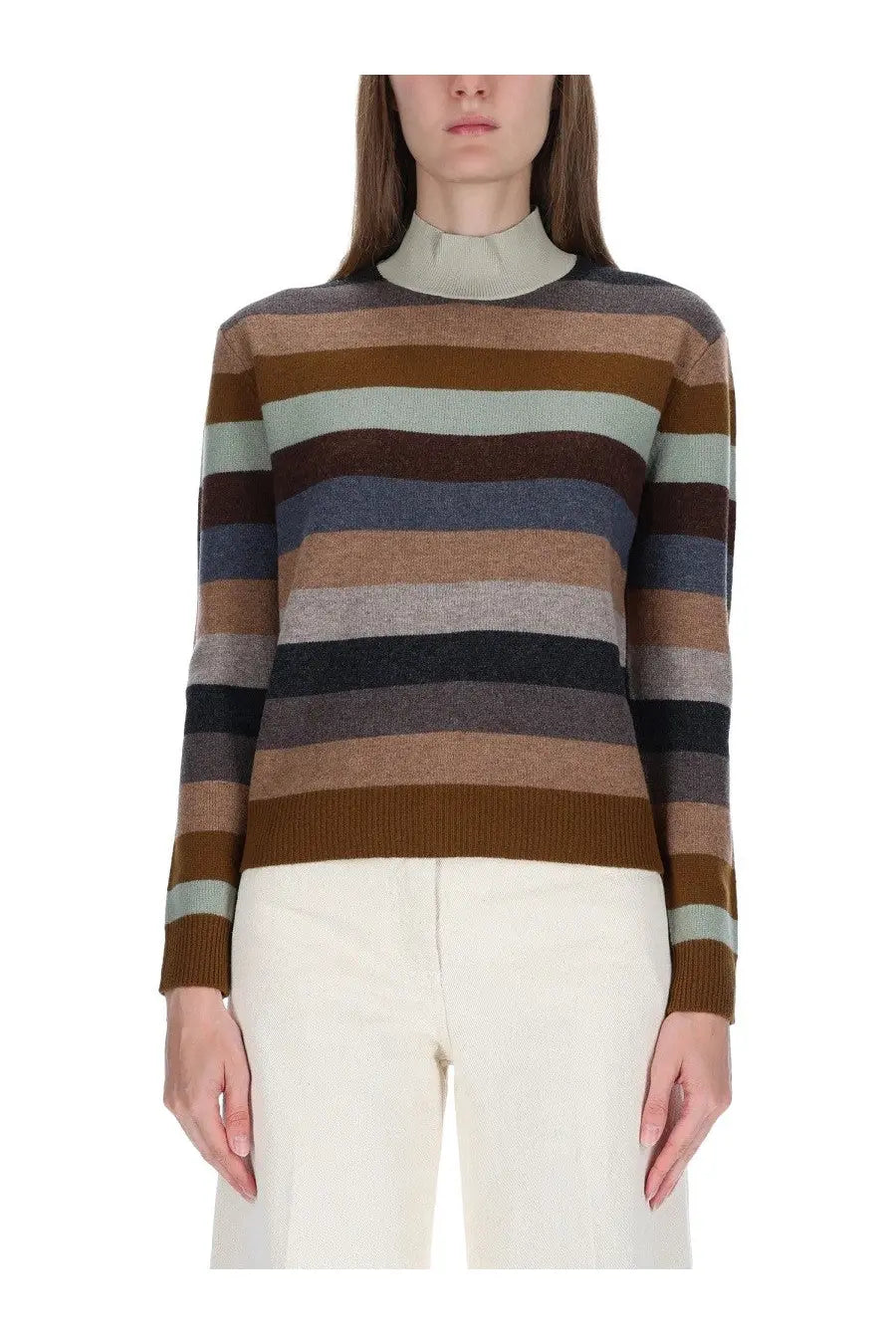 Tory Burch women’s striped long-sleeved sweater in earthy brown, olive green, navy blue, and beige tones