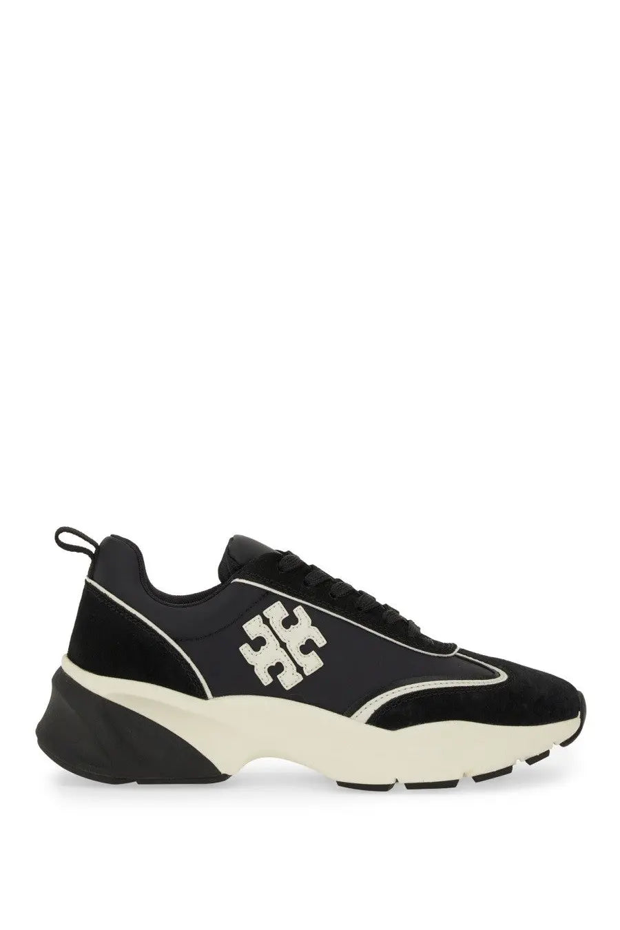 Tory Burch women’s trainer good luck black sneaker with black suede mesh upper cream chunky sole and white logo