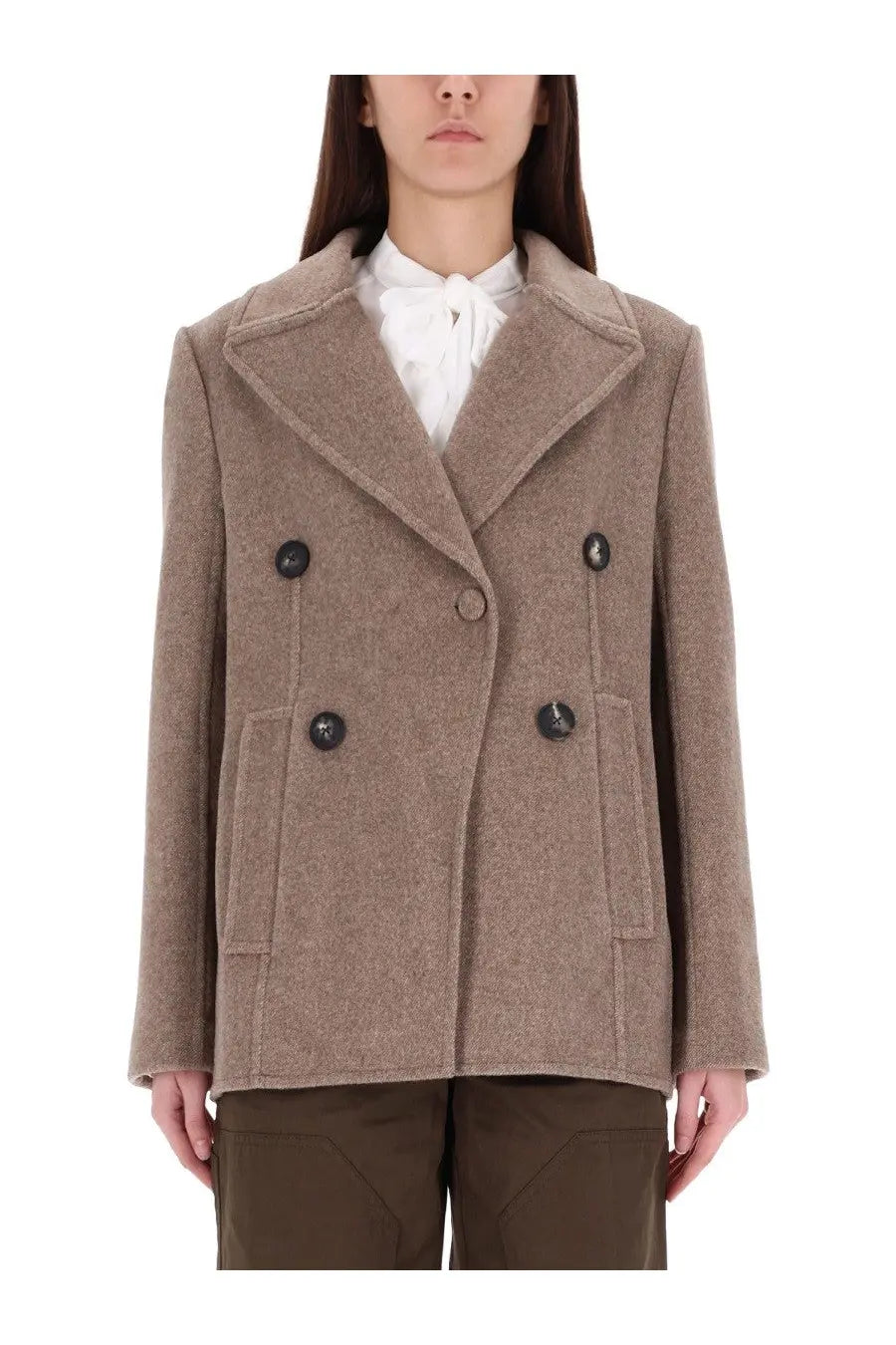 Beige wool double-breasted Tory Burch women’s wide twill jacket with dark buttons and structured lapels