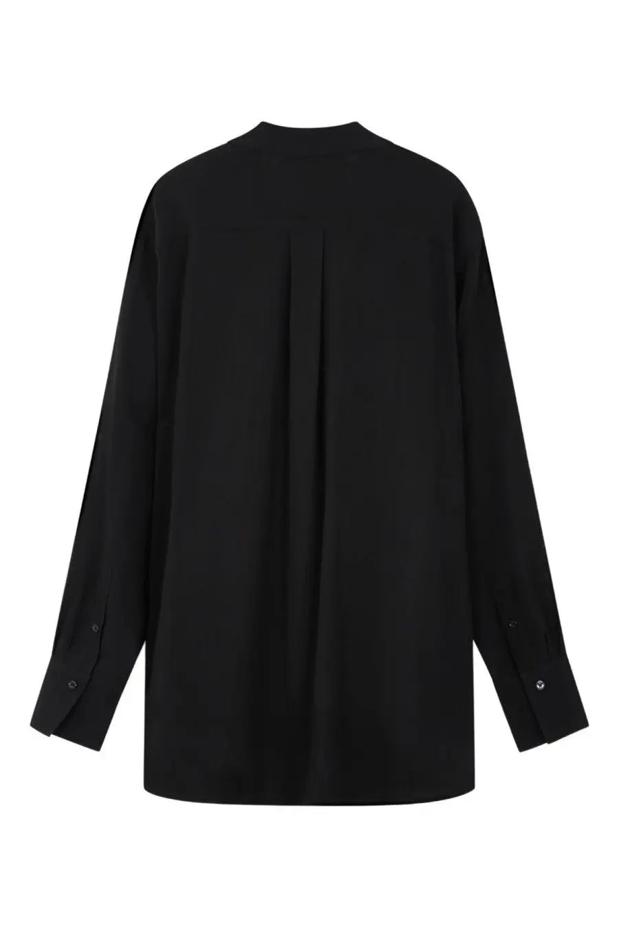 Toteme women’s black oversized blouse with long sleeves and subtle pleated back shown from the back side