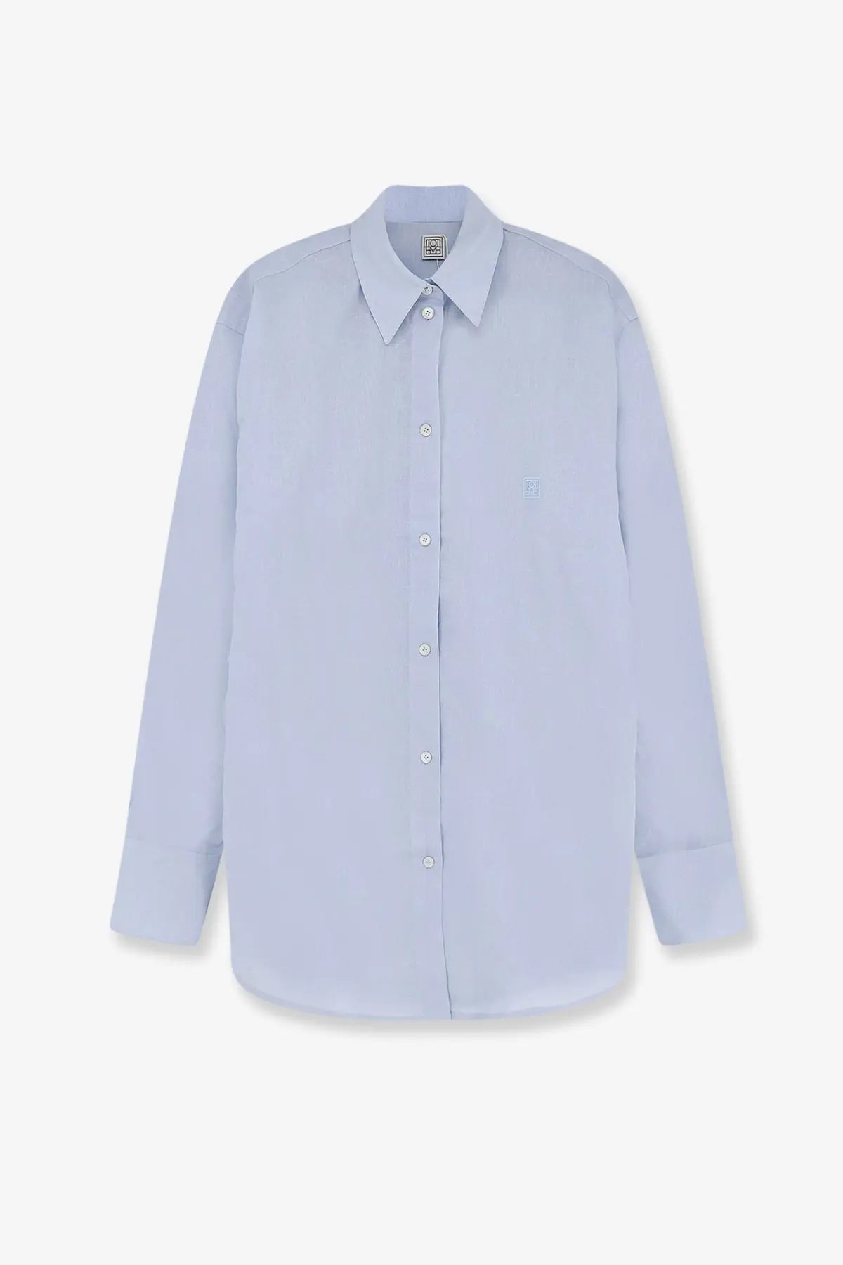 Toteme women’s cotton and linen oversized light blue long-sleeved summer shirt with subtle chest embroidery