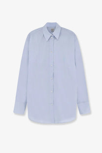 Toteme women’s cotton and linen oversized light blue long-sleeved summer shirt with subtle chest embroidery