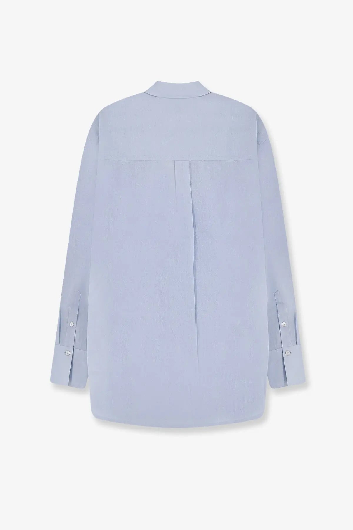 Toteme women’s cotton and linen oversized summer shirt blue soft light blue long-sleeved button-up back view with pleats