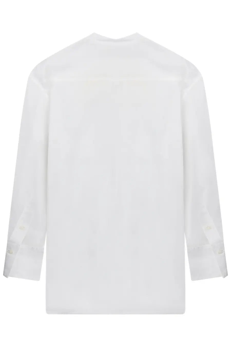 Toteme women’s white cotton long-sleeved shirt with classic collar and subtle back pleats shown from the back side