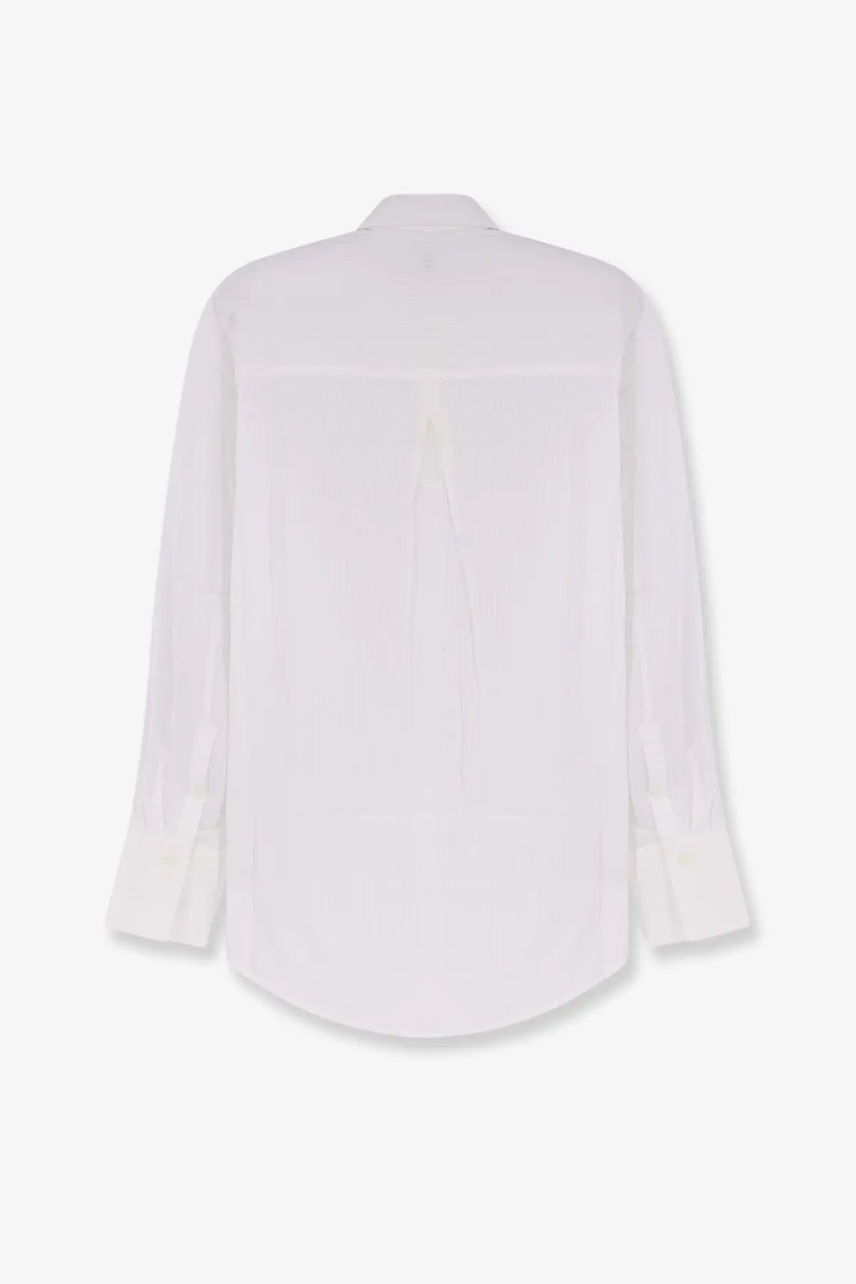Toteme women’s white cotton shirt with long sleeves classic collar and subtle pleats at the back shown from behind
