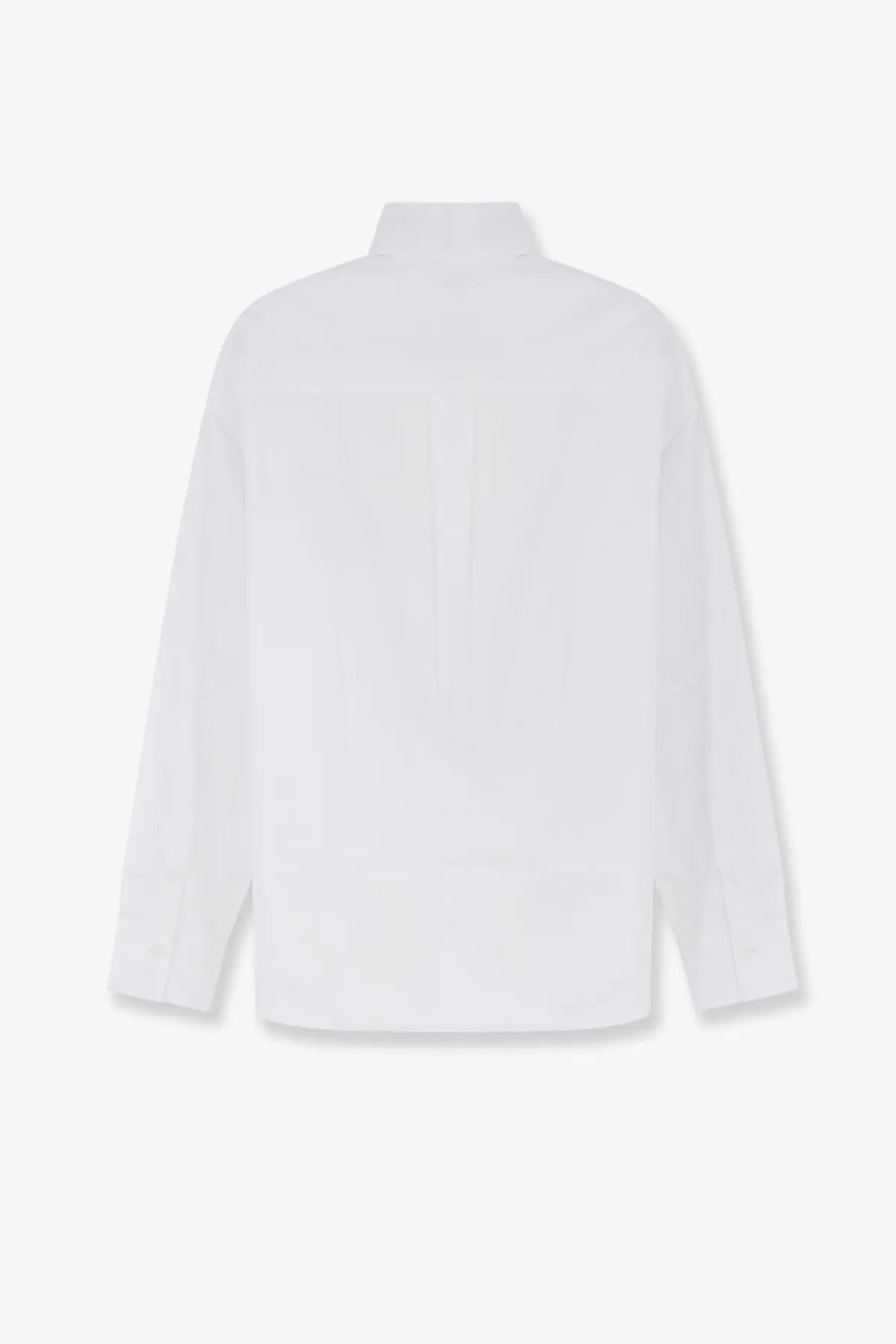 Toteme women’s white cotton shirt with stand collar and subtle pleats shown from the back side