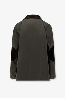 Toteme women’s country organic cotton jacket in dark olive green with black corduroy collar and elbow patches