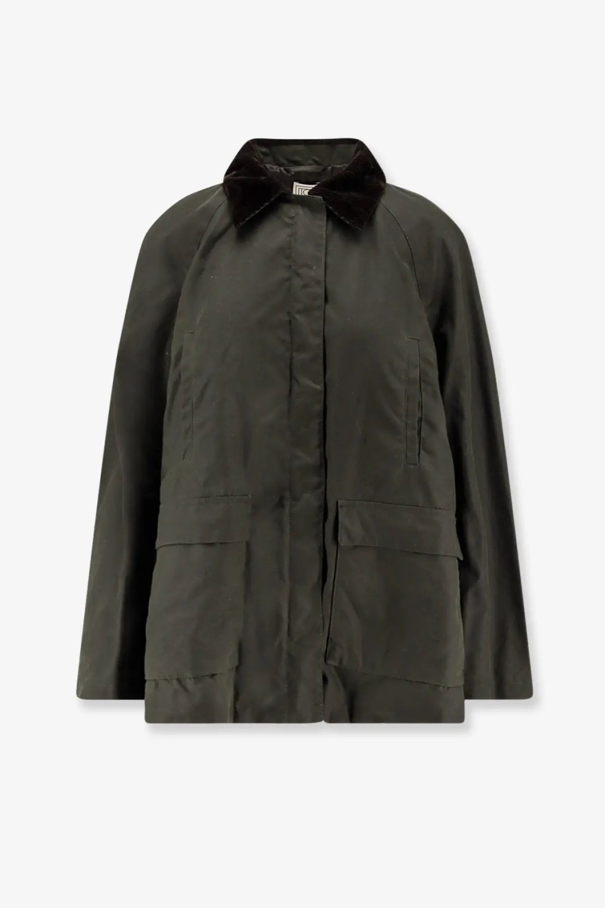 Dark olive green waxed cotton field jacket with plush black velvet collar by Toteme for women organic cotton wear