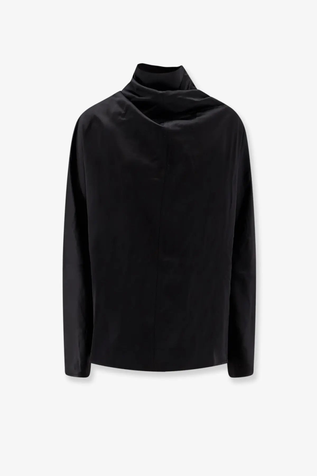 Toteme women’s black long-sleeved cowl neck shirt in smooth viscose and linen with a structured collar