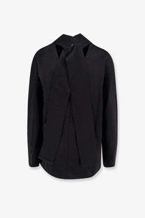 Toteme women’s black long-sleeved viscose and linen shirt with asymmetrical front design and angular collar cutouts