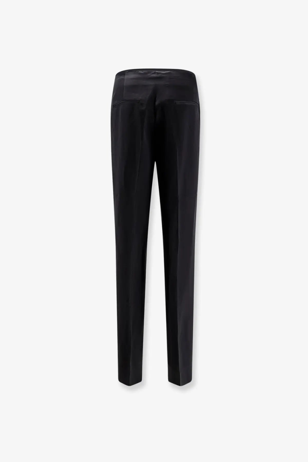 Black satin-finish toteme women’s easy raw edge viscose and linen trousers with a sleek straight-leg cut and subtle stitching