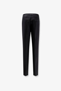Black satin-finish toteme women’s easy raw edge viscose and linen trousers with a sleek straight-leg cut and subtle stitching