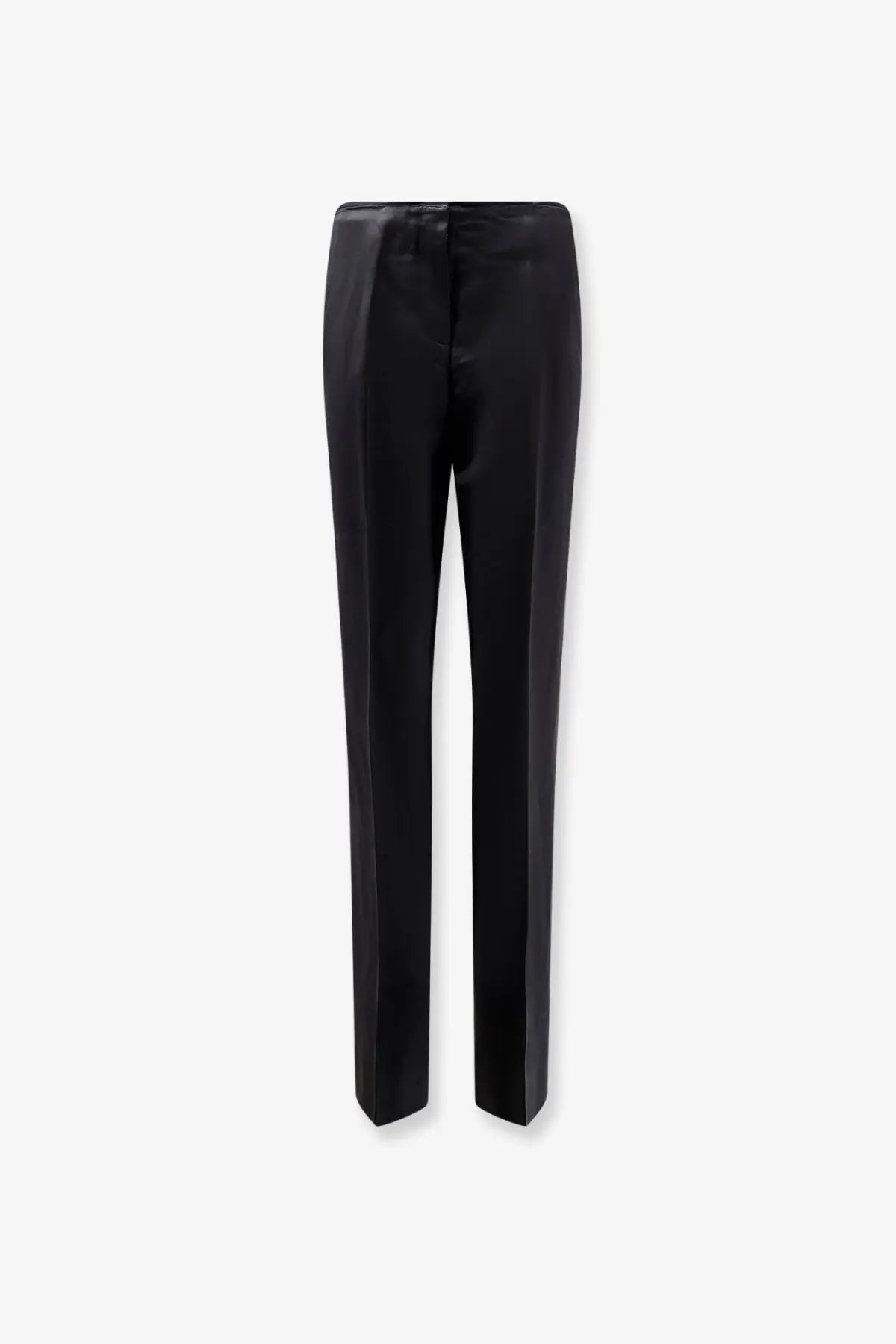 Black satin toteme women’s easy raw edge trousers with sleek straight-leg cut and subtle front creasing