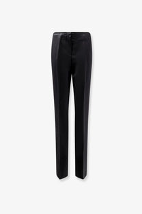 Black satin toteme women’s easy raw edge trousers with sleek straight-leg cut and subtle front creasing