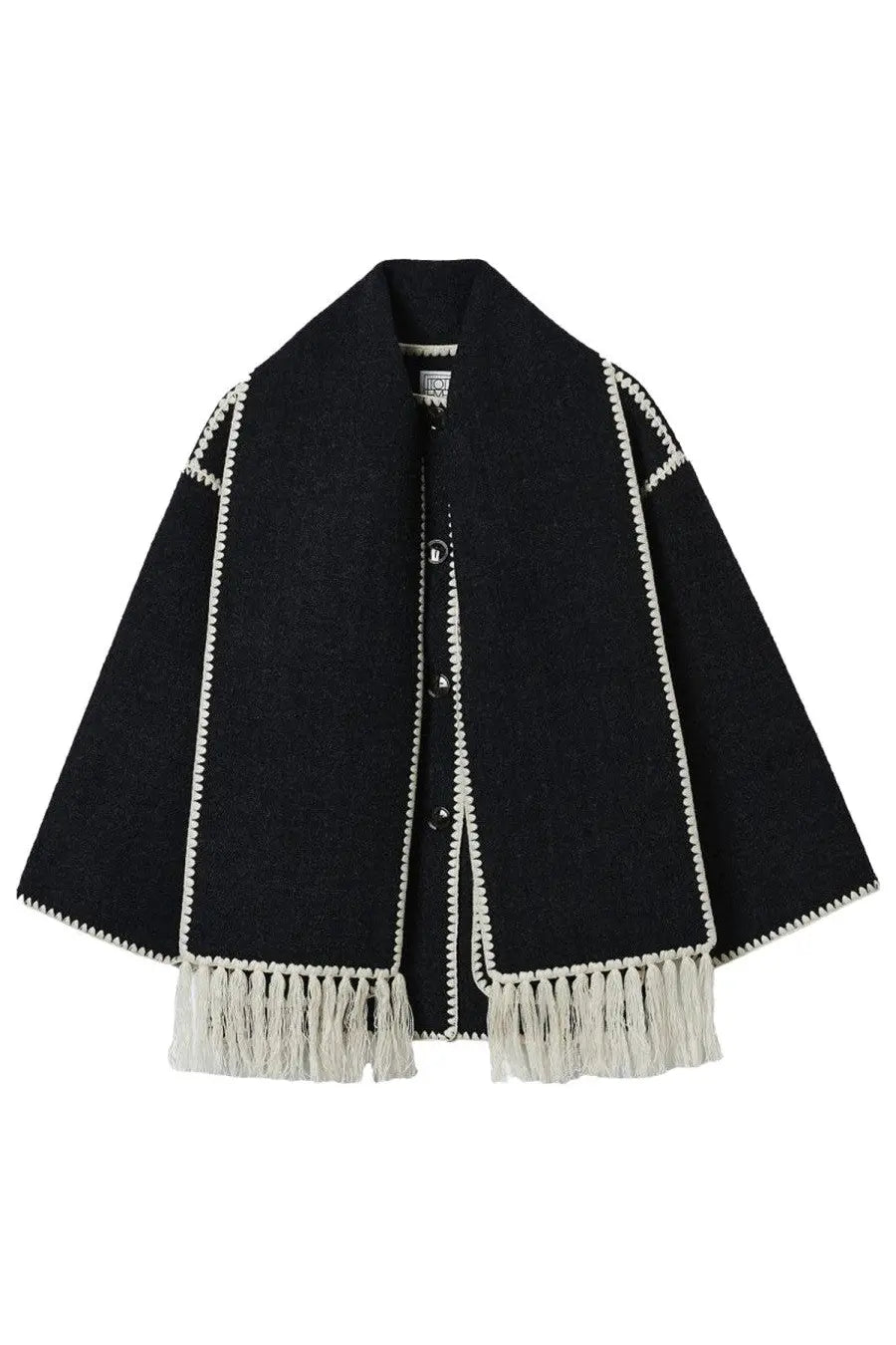 Toteme women’s giacca con sciarpa grey black woolen cape with white fringe and embroidered trim shown from the back