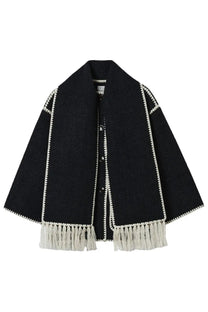 Toteme women’s giacca con sciarpa grey black woolen cape with white fringe and embroidered trim shown from the back