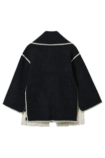 Toteme women’s giacca con sciarpa grey black woolen coat with white zigzag stitching and fringed hem front view