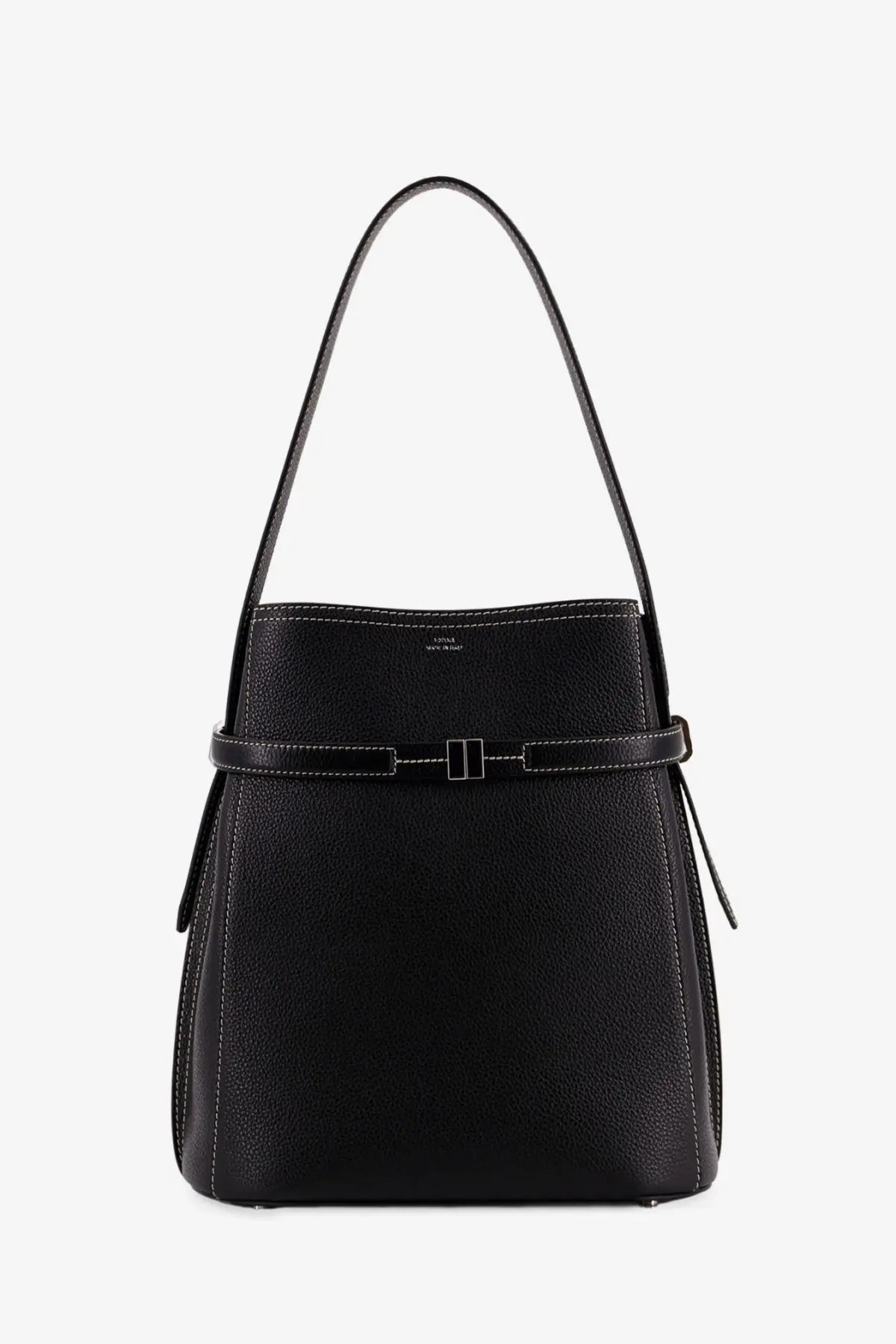 Toteme women’s hammered black leather bucket bag with pebbled texture silver buckle and white stitching detailing