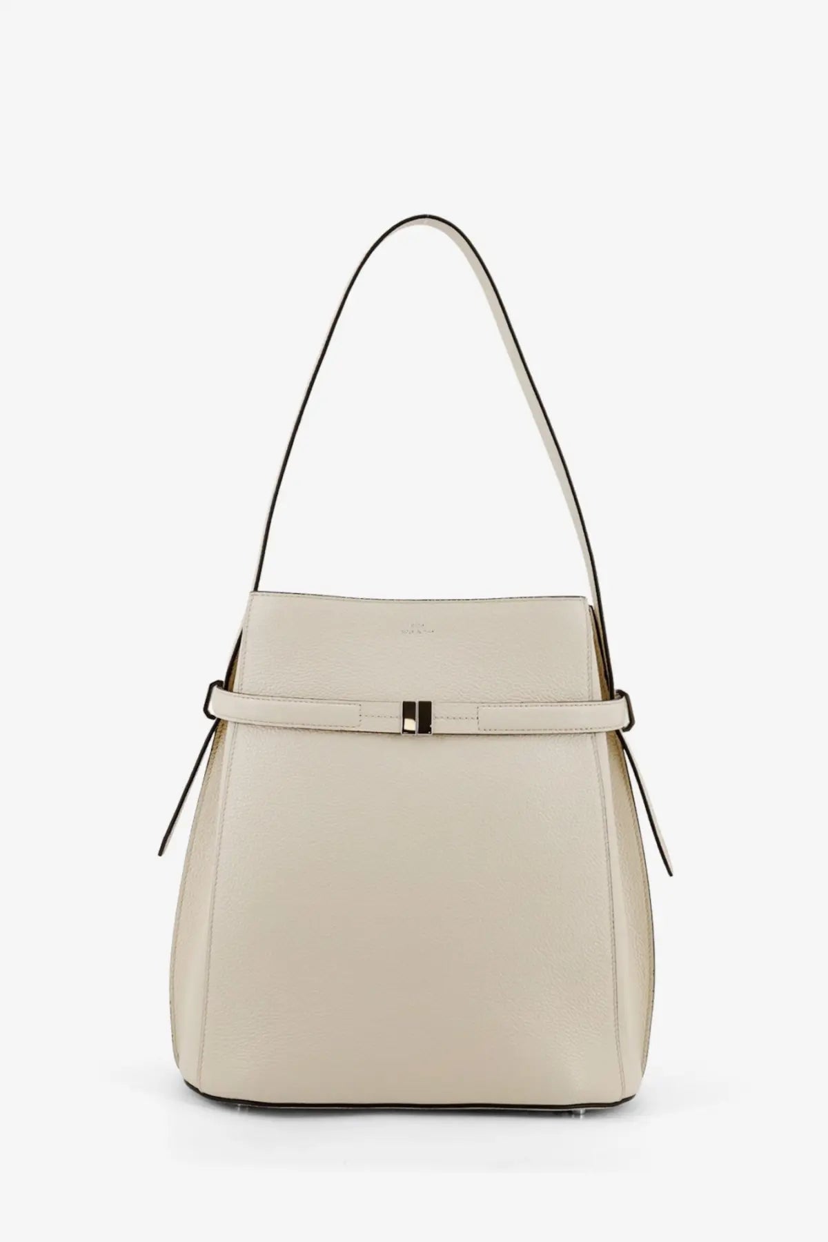 Cream-colored leather bucket bag by Toteme with black-trimmed top handle and central buckle closure in white