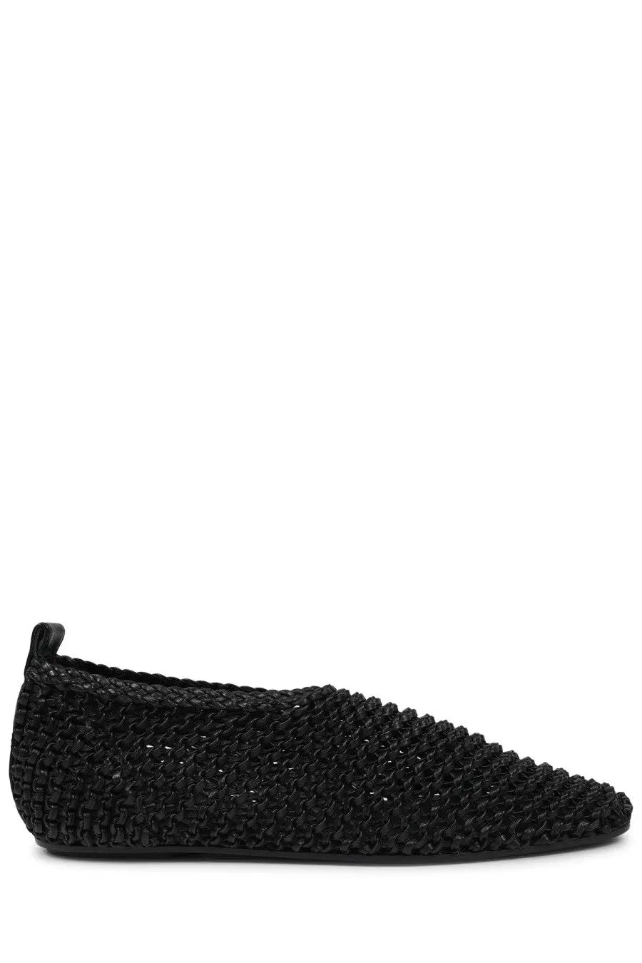 Toteme women’s black leather ballerina flat shoe with woven textured interlaced pattern and minimalist design