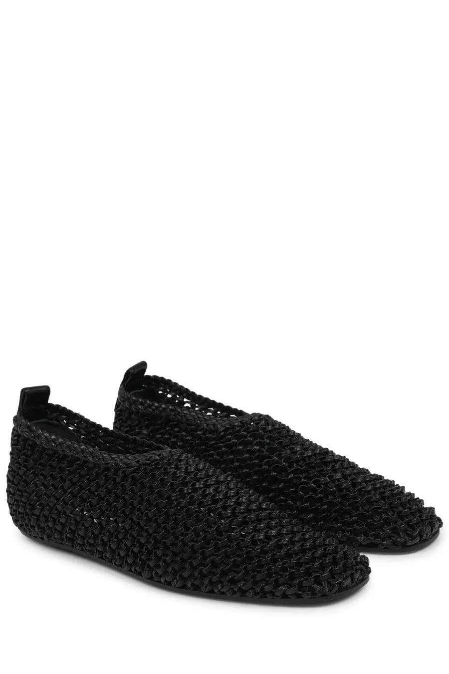 Toteme women’s leather ballerina flats in black with a textured woven interlaced design