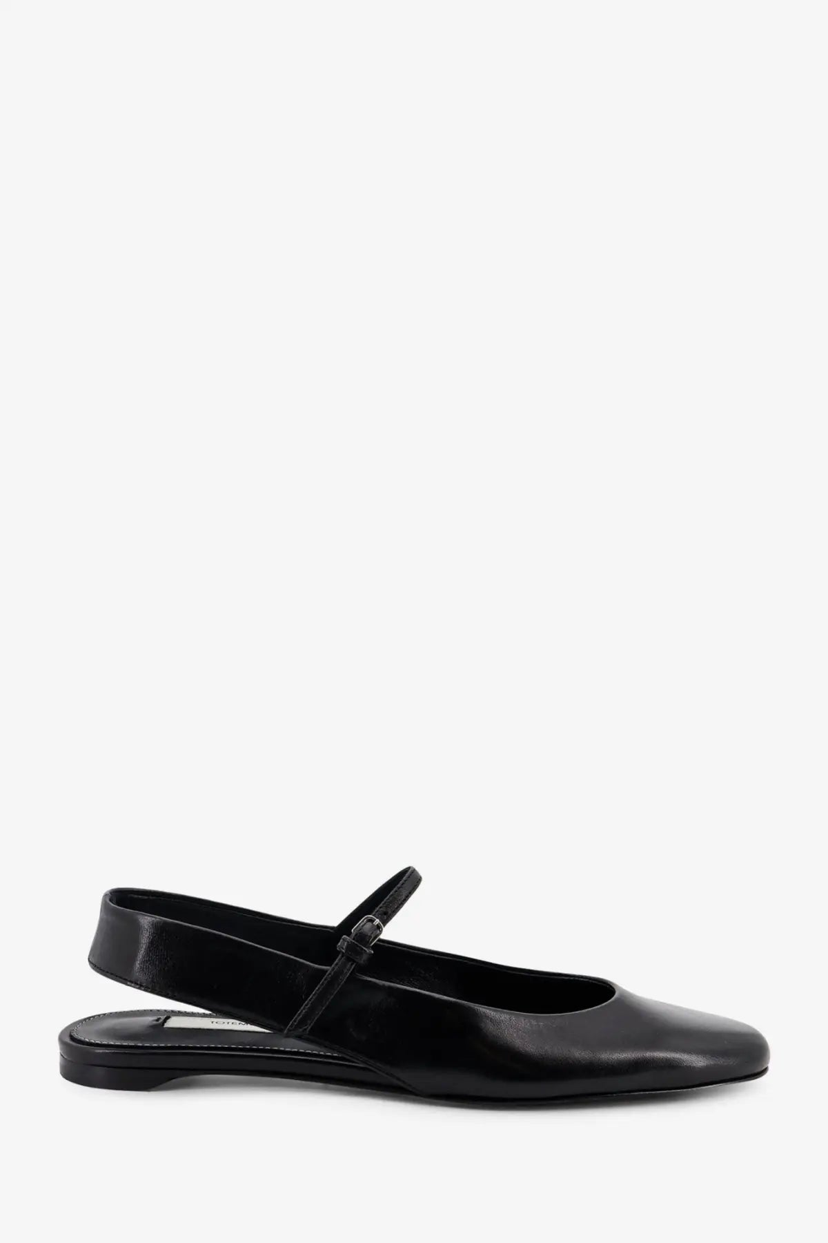 Toteme women’s black leather mary jane flat shoe with sleek minimalist design and small buckle strap
