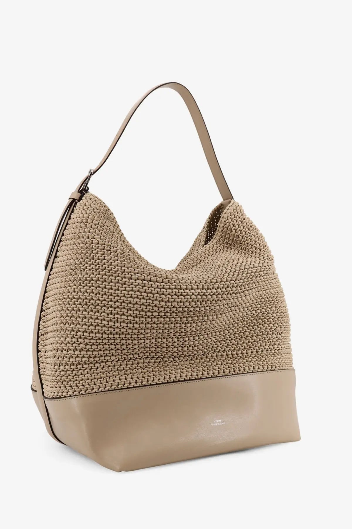 Toteme women’s beige leather shoulder bag featuring a woven hobo design with leather base and strap