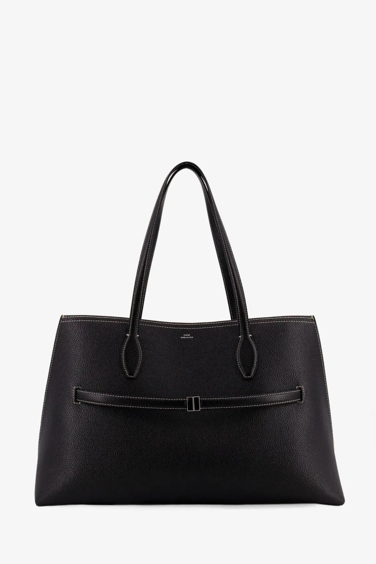 Toteme women’s leather shoulder bag in black pebbled leather with structured shape and contrasting white stitching