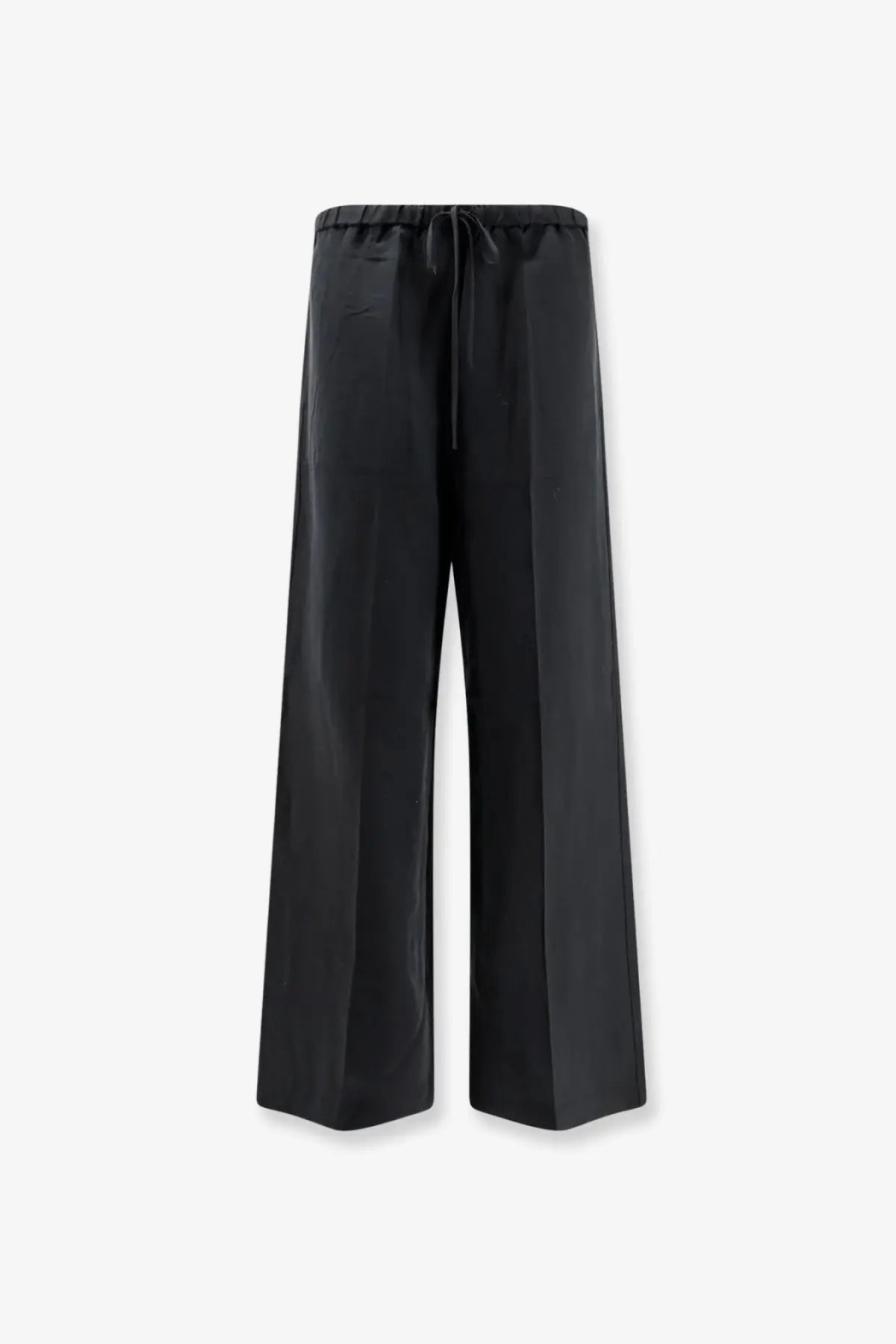 Toteme women’s black satin wide-leg trousers with drawstring waistband made from linen and lyocell blend