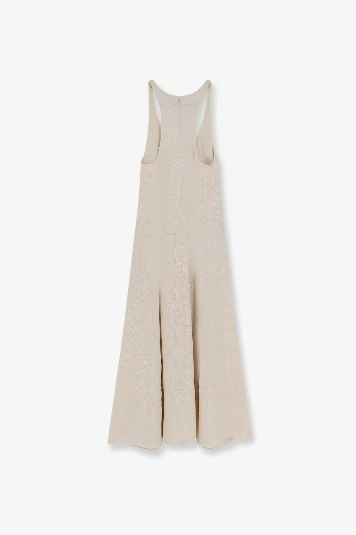Beige sleeveless midi cotton dress by Toteme with a subtle pleated hem and minimalist design