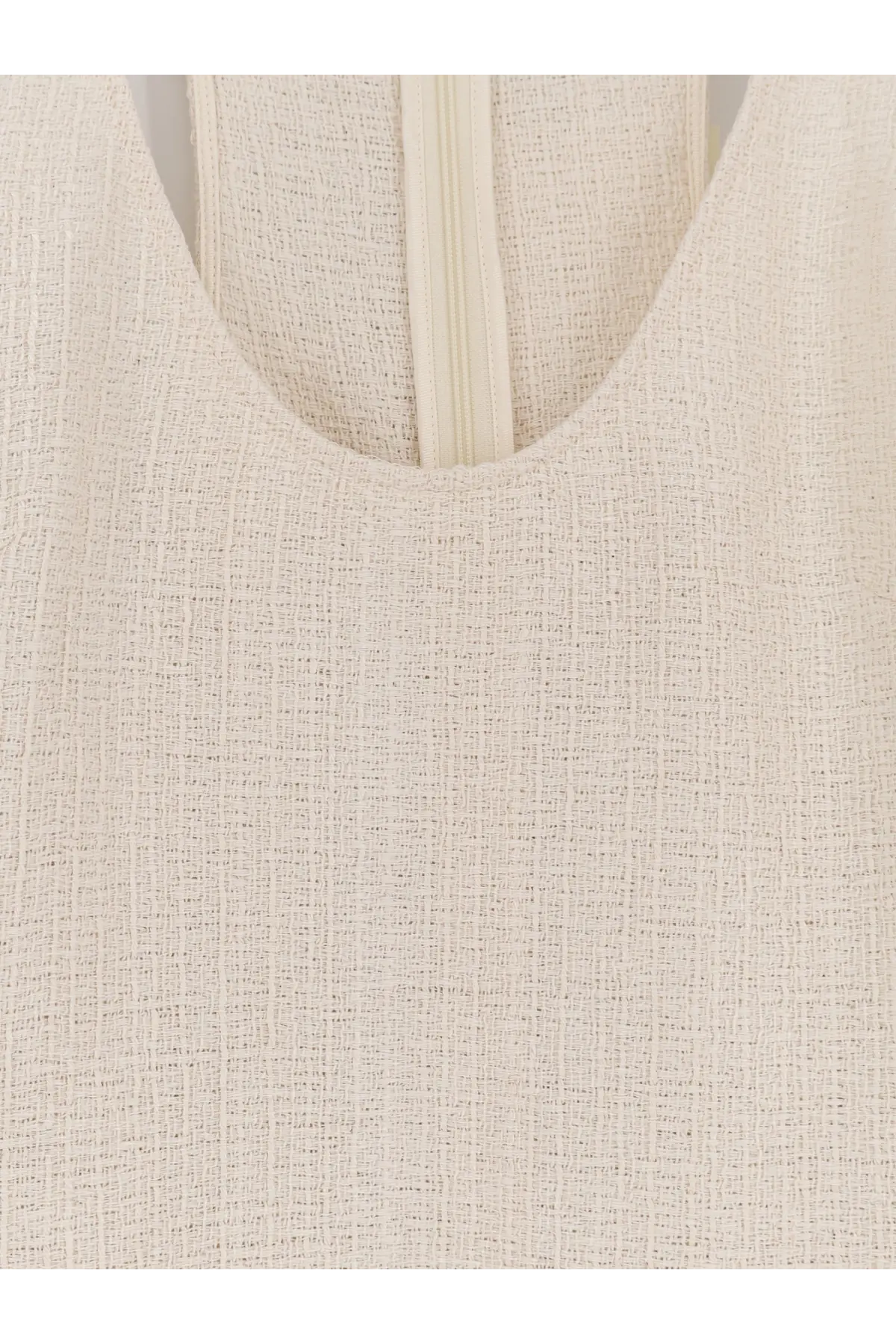 Beige textured linen top with central zipper neckline paired with toteme women’s long white cotton dress