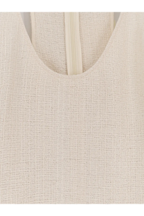 Beige textured linen top with central zipper neckline paired with toteme women’s long white cotton dress