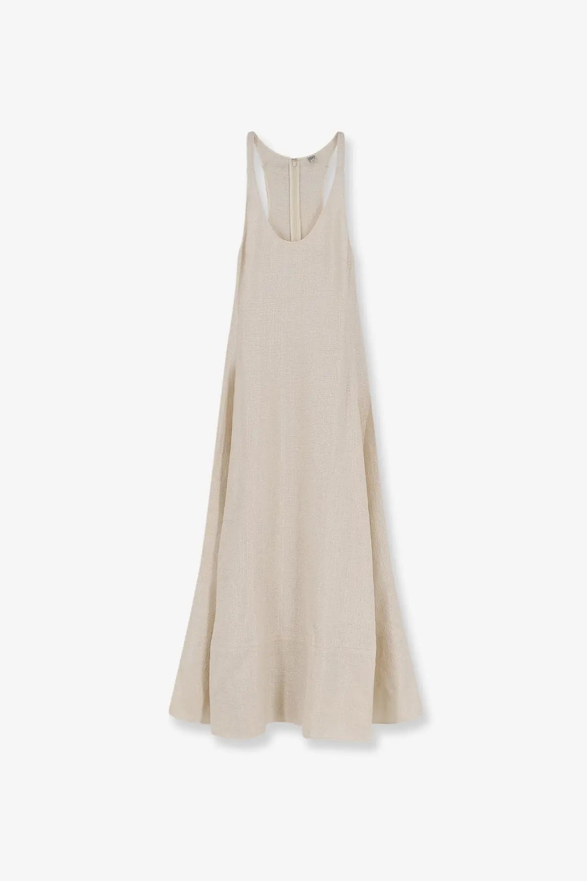 Toteme women’s long sleeveless beige cotton dress with subtle texture and back zipper detail shown from the back