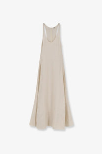Toteme women’s long sleeveless beige cotton dress with subtle texture and back zipper detail shown from the back