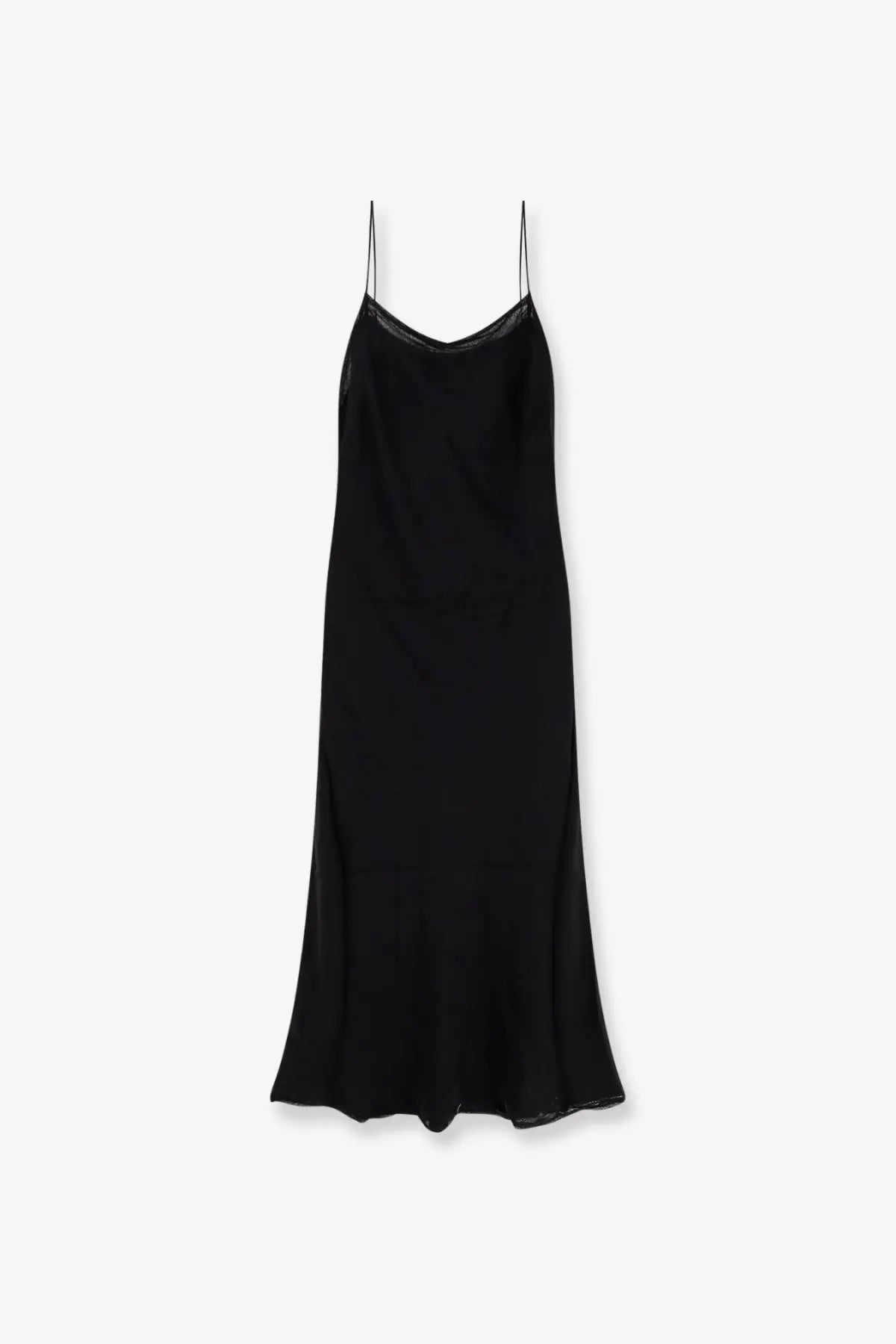 Black satin long slip dress by toteme with delicate spaghetti straps and subtle scalloped hem in silk material