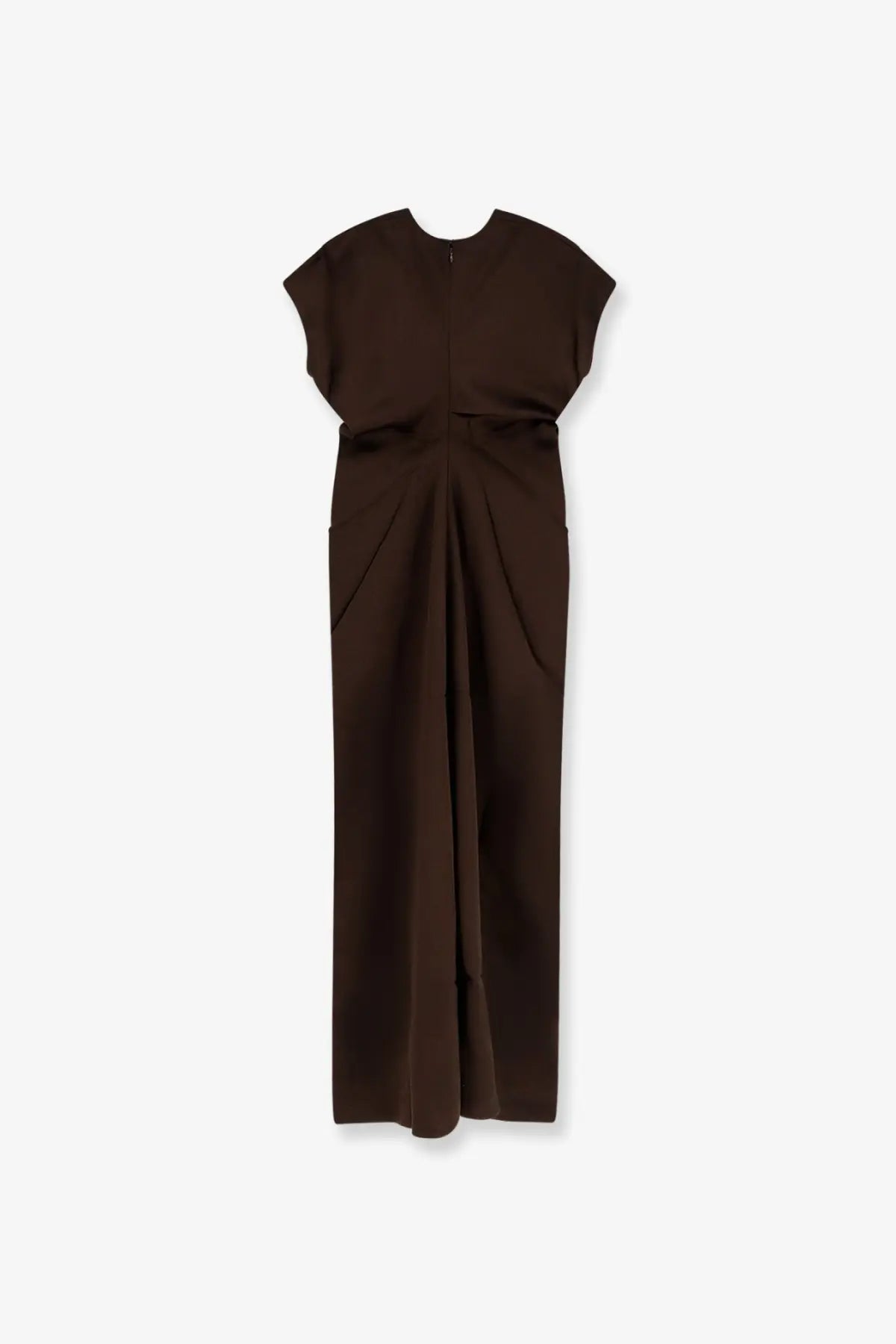 Toteme women’s long viscose dress in dark brown satin with short sleeves and a cinched waist
