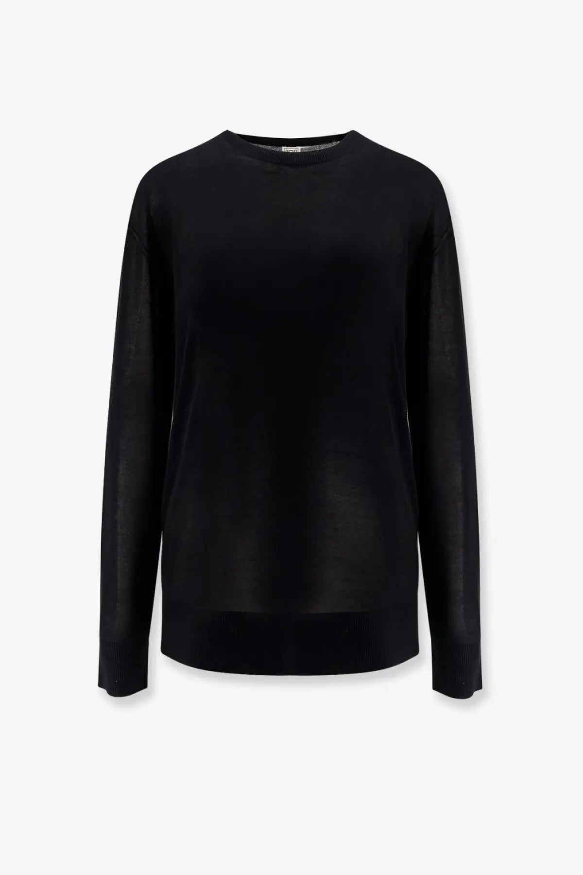 Toteme women’s lyocell black sweater with long sleeves crew neck and smooth soft fabric front view