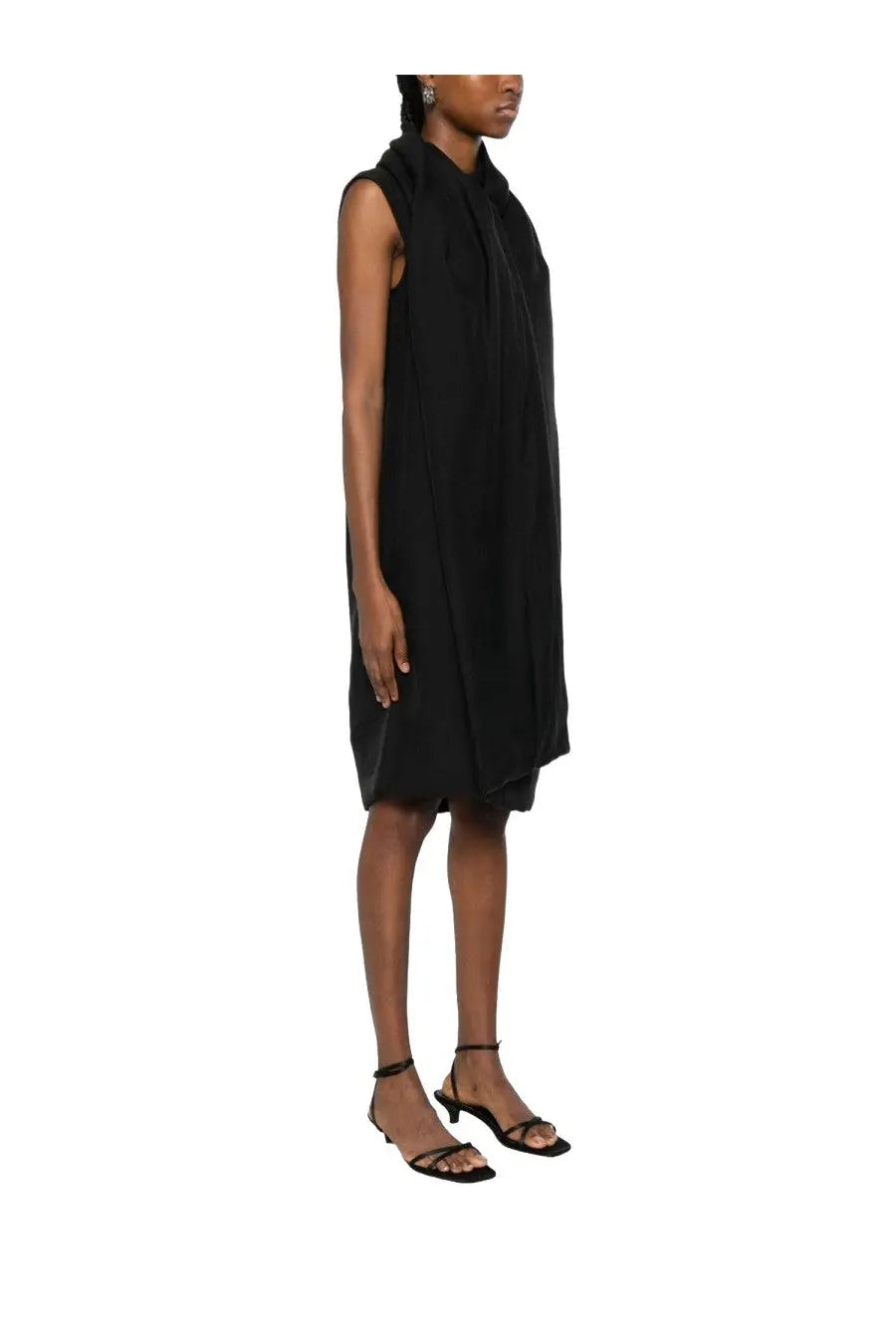 Toteme women’s midi dress scarf black sleeveless with draped asymmetrical hem and subtle vertical pleats